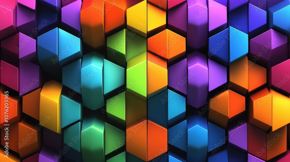 A vibrant array of 3D hexagonal shapes in bright colors creates a dynamic and lively pattern. A vibrant array of 3D hexagonal shapes in bright colors creates a dynamic and lively pattern.