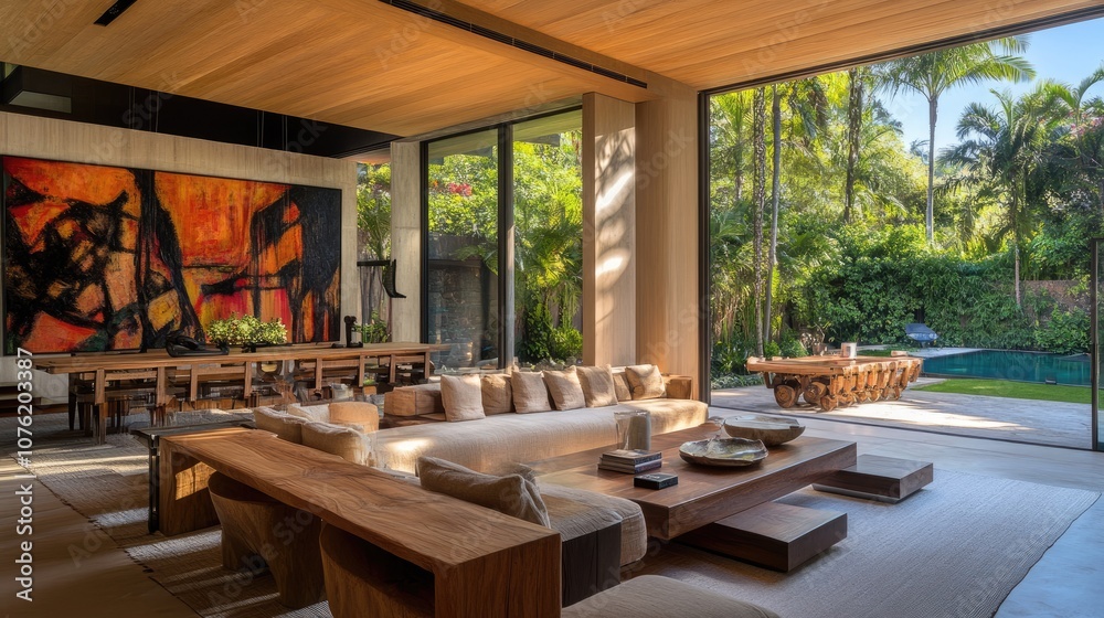 Fototapeta premium Modern and Stylish Living Room with Open Concept, Featuring Elegant Furniture, Large Windows, Art Decor, and Tropical View Towards the Pool Area