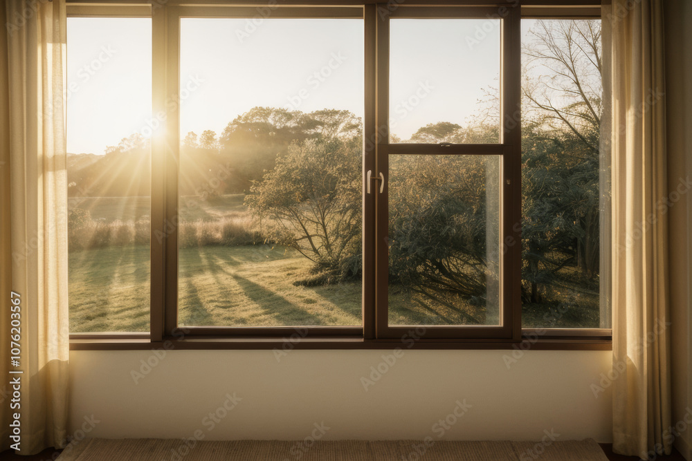 A cozy bedroom with a large window letting in natural light A cozy bedroom with a large window letting in natural light