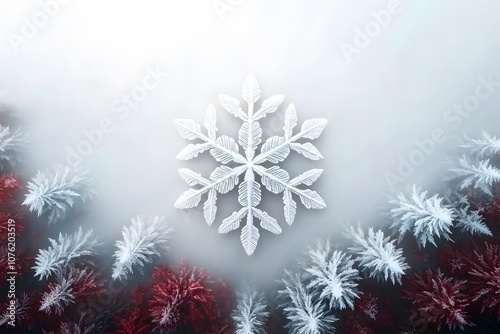 Delicate Snowflake Art Over Frosty Red and White Foliage Creating a Stunning Winter Wonderland Scene for Seasonal Celebrations and Nature Enthusiasts