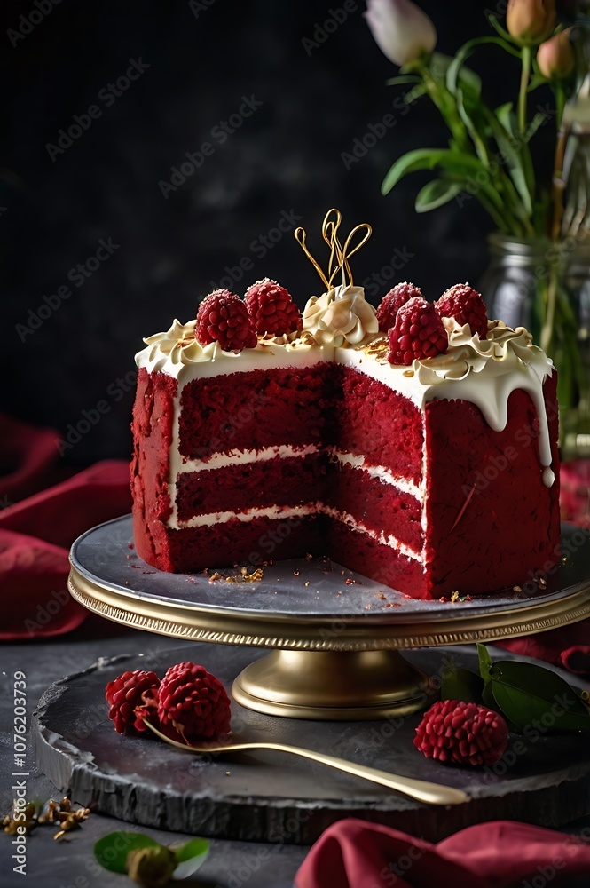 Fototapeta premium Delicious Red Velvet Cake, cream cheese frosting garnished with raspberries