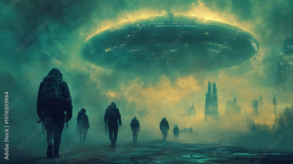 A group of people walking towards an alien spacecraft hovering over a city in a foggy sky A group of people walking towards an alien spacecraft hovering over a city in a foggy sky