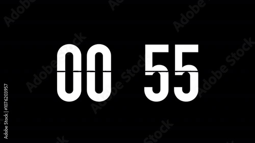 1 Minute Flip Countdown Timer Clock with Black Color Shape and White Lettering, Transparent Background for Seamless Overlay on Custom Scenes, Ideal for Video Editing and Motion Graphics
