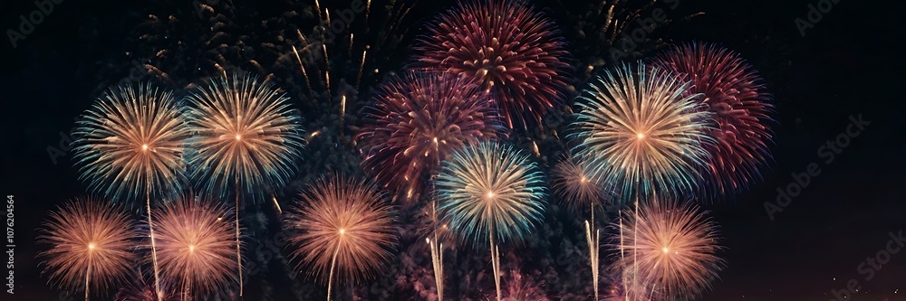 Naklejka premium Abstract colored fireworks background with beautiful fireworks lighting up the night sky. Bokeh effect festival Celebrate the Holidays