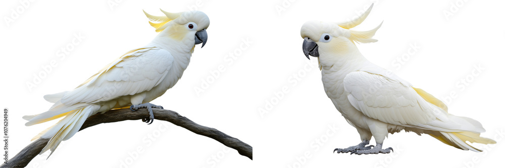 Set of a Sulphur-crested cockatoo, full body, side view, isolated on transparent background. Set of a Sulphur-crested cockatoo, full body, side view, isolated on transparent background.