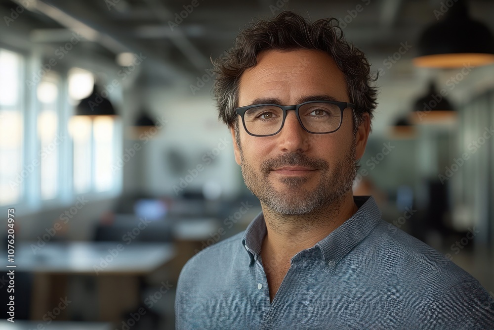 A Confident Man in Glasses, Smiling, in an Office Setting A Confident Man in Glasses, Smiling, in an Office Setting