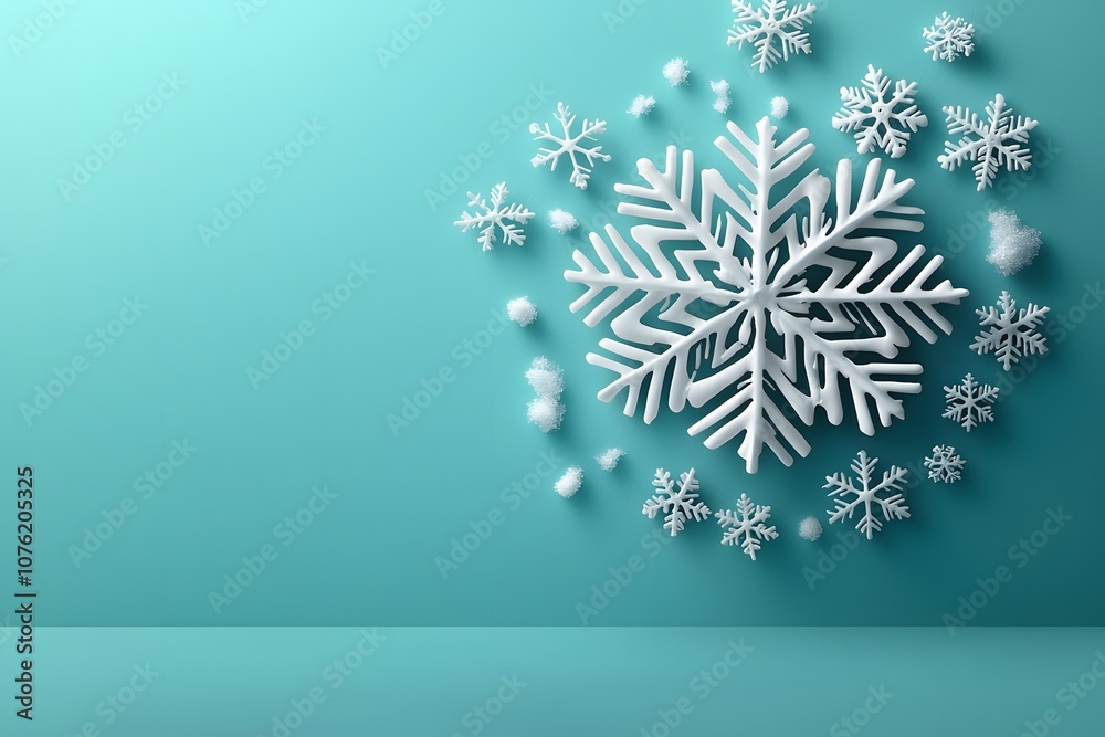 A Beautiful Arrangement of White Snowflakes on a Serene Aqua Background Creating a Wintery Scene Perfect for Holiday-Themed Designs and Celebrations A Beautiful Arrangement of White Snowflakes on a Serene Aqua Background Creating a Wintery Scene Perfect for Holiday-Themed Designs and Celebrations