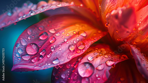A close-up image of a pink and red flower petal covered in water droplets, emphasizing texture and color vibrancy for graphic resources.