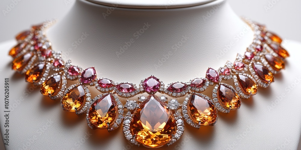 Closeup of a Diamond and Gemstone Necklace with Orange and Pink Stones Closeup of a Diamond and Gemstone Necklace with Orange and Pink Stones