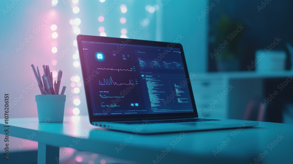 High-resolution laptop on a modern desk displaying secure medical data interface with patient health metrics, visualized graphs, and data security icons for encryption, in a contemporary workspace. High-resolution laptop on a modern desk displaying secure medical data interface with patient health metrics, visualized graphs, and data security icons for encryption, in a contemporary workspace.