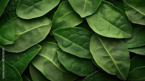 Close-up of fresh green leaves arranged in a layered pattern, showcasing texture and natural details in vibrant green hues.