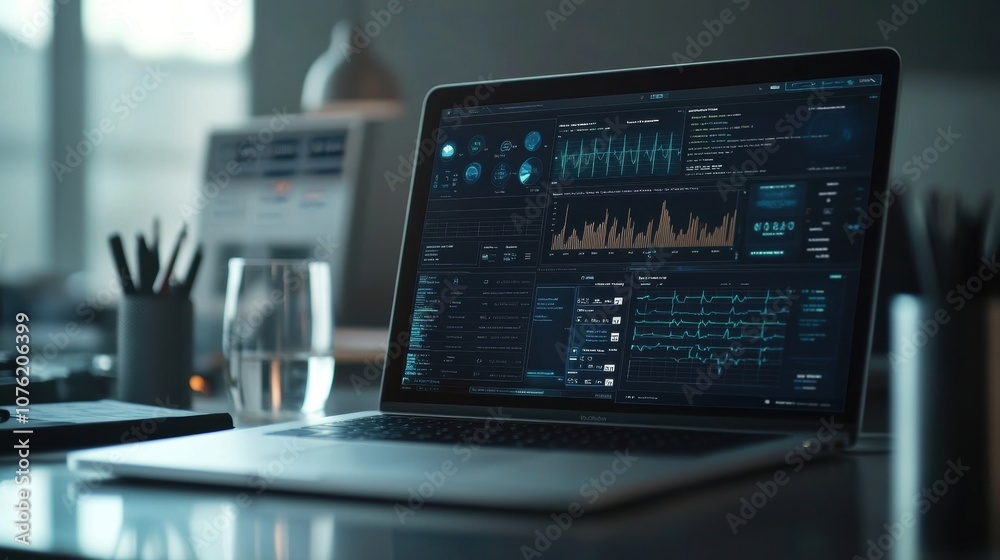 High-resolution laptop on a modern desk displaying secure medical data interface with patient health metrics, visualized graphs, and data security icons for encryption, in a contemporary workspace. High-resolution laptop on a modern desk displaying secure medical data interface with patient health metrics, visualized graphs, and data security icons for encryption, in a contemporary workspace.