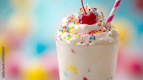 A Birthday Cake Milkshake Topped with Whipped Cream and a Cherry
