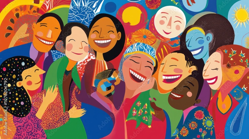 A vibrant illustration of diverse people joyfully interacting and celebrating together. A vibrant illustration of diverse people joyfully interacting and celebrating together.