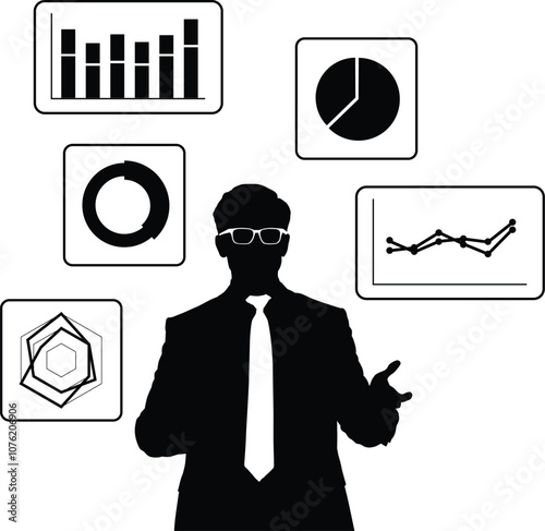 Businessman in suit doing presentation, statistic data in charts.