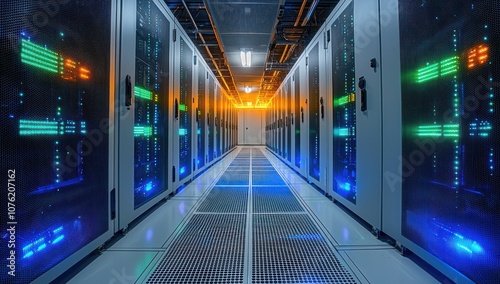 A Row of Illuminated Server Racks in a Data Center photo