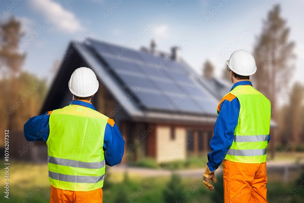Electricians building solar module on roof of house. Electricians building solar module on roof of house.