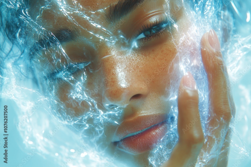Fototapeta premium Close-up of a Woman's Face Partially Submerged in Water