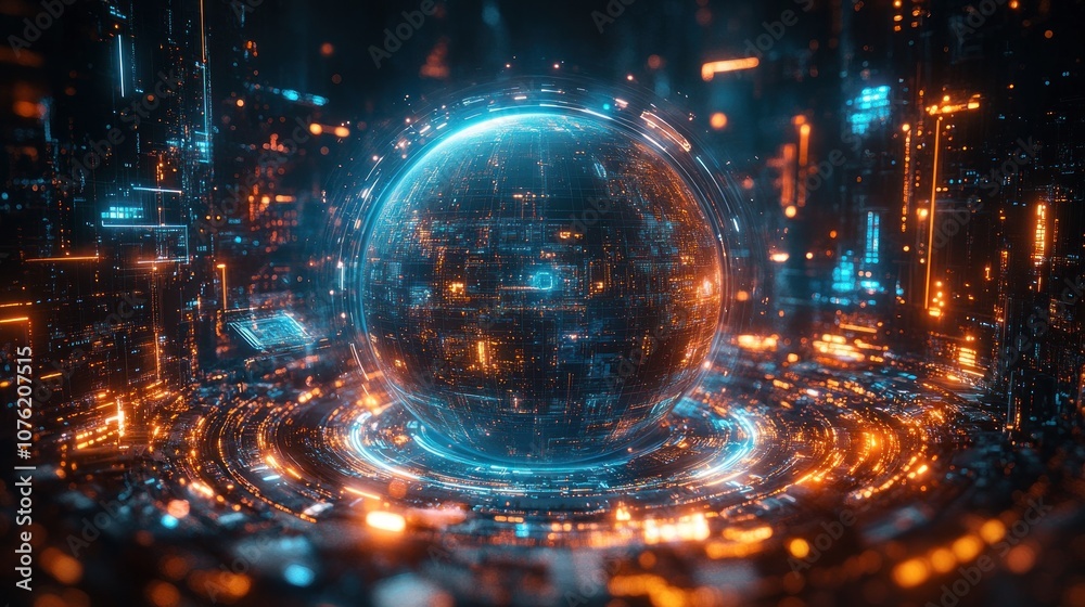 A futuristic digital sphere surrounded by glowing data streams. A futuristic digital sphere surrounded by glowing data streams.