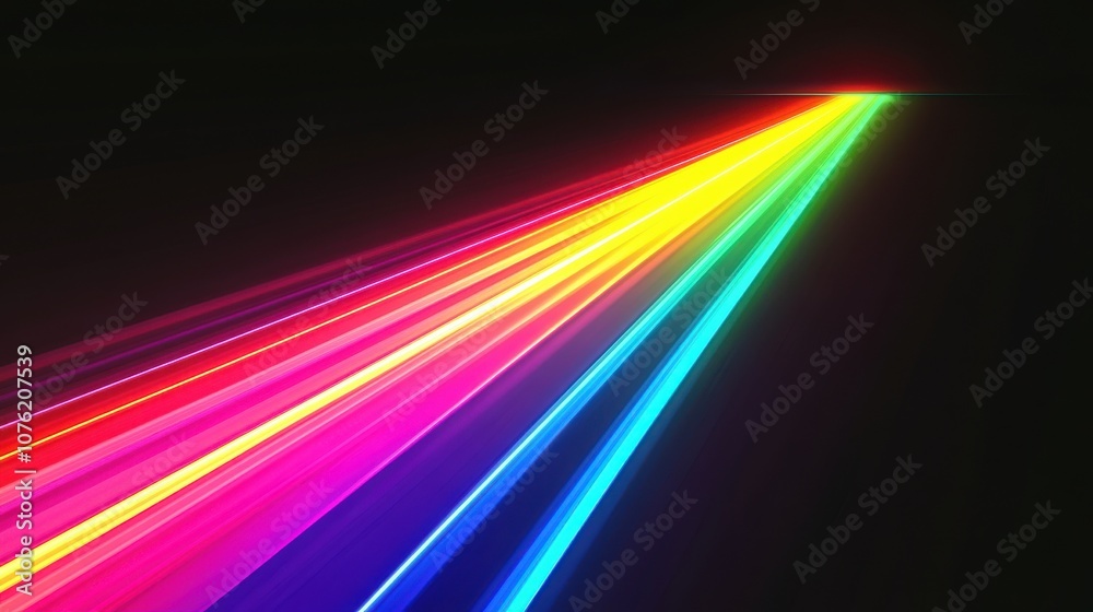 Fototapeta premium Vibrant rainbow light beams streak across a dark background, creating a dynamic and colorful visual effect.