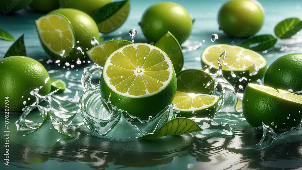 Water splashes around several limes and lemons, some with leaves. Fresh citrus fruits. Water splashes around several limes and lemons, some with leaves. Fresh citrus fruits.