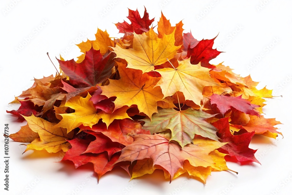 Fototapeta premium Autumn maple leaves, a pile on white, ready for your text.