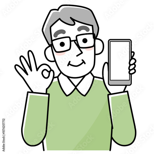 スマホを持ってOKサインをするシニア男性のイラスト