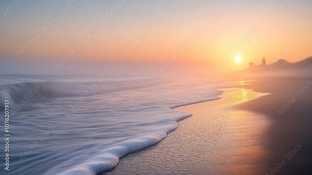 Fototapeta premium A serene sunset over a tranquil beach, with soft waves gently lapping at the shore and a lighthouse in the background.