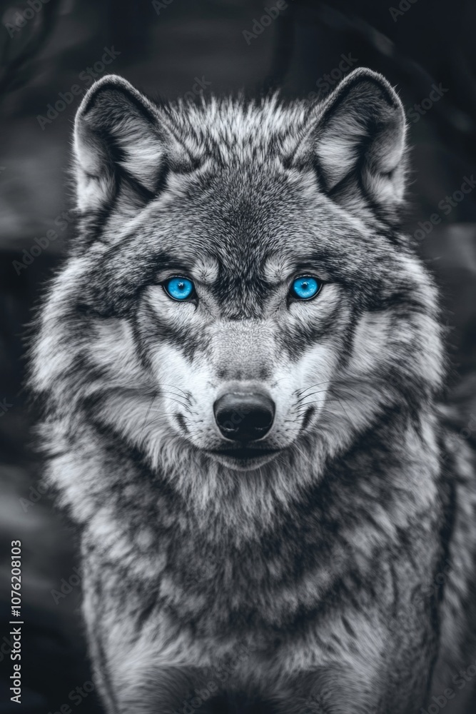 Fototapeta premium Captivating black and white portrait of a wolf with striking blue eyes, showcasing the beauty of wildlife in its natural habitat. Generative AI