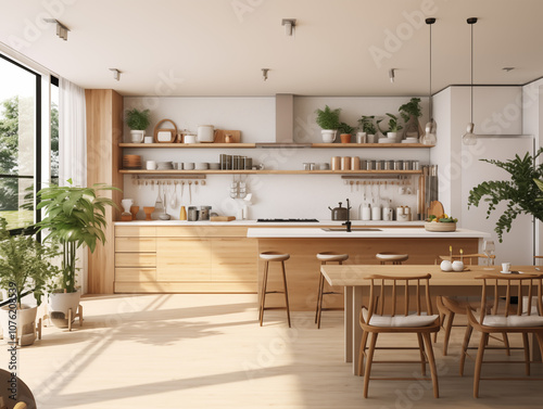 A modern kitchen featuring marble countertop, wooden cabinets, bar stools, and a potted plant, designed with minimalist elements in neutral colors.