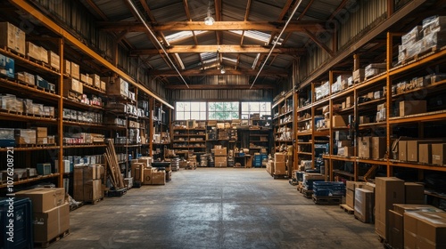 Warehouse Interior with Rows of Shelves Filled with Cardboard Boxes