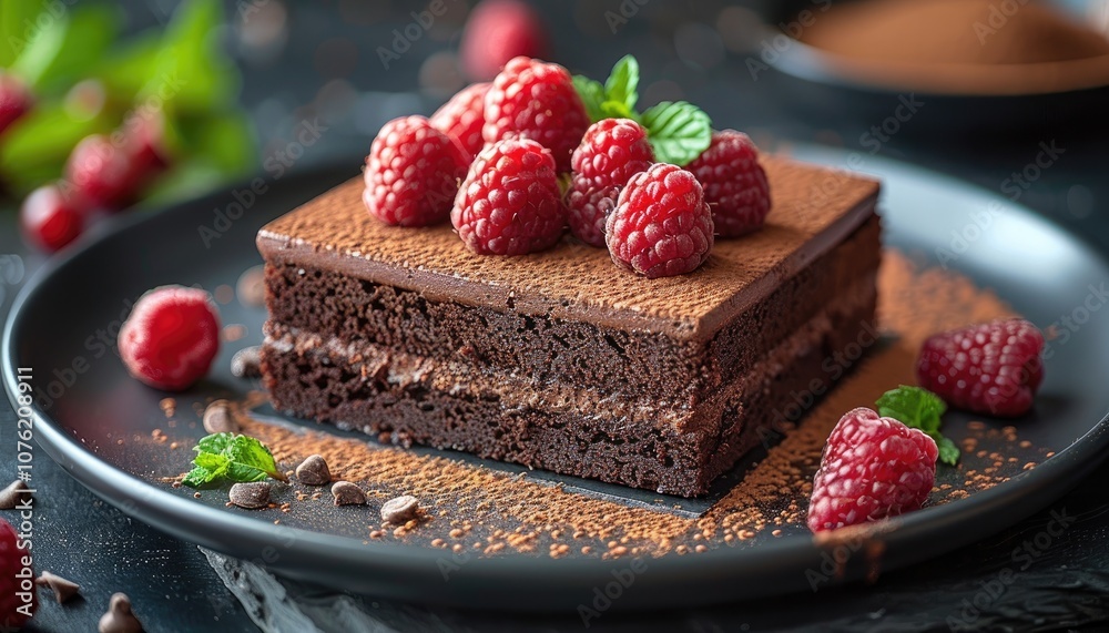 Chocolate Cake with Raspberries and Mint on a Black Plate Chocolate Cake with Raspberries and Mint on a Black Plate