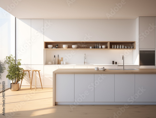 The image features a modern kitchen with marble countertop, wooden cabinets, bar stools, and a potted plant, designed with minimalist elements in neutral colors. photo