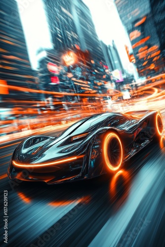 A dynamic illustration of an electric car speeding through a neon-lit cityscape at night, showcasing futuristic design and energy. Generative AI