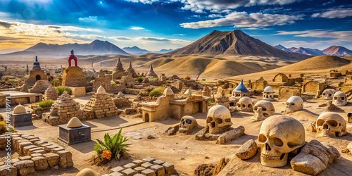 Chauchilla Cemetery: Panoramic view of mummified remains and skulls. photo