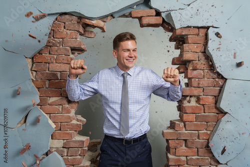 Satisfied businessman who just broke through a wall.