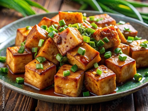 Crispy Fried Tofu with Green Onions - Aerial View, Gourmet Food Photography