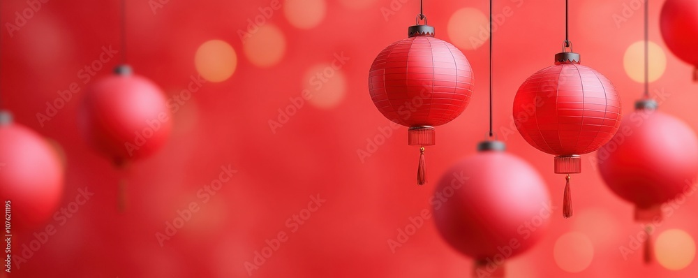 Red Chinese Lanterns Hanging Against a Red Background.