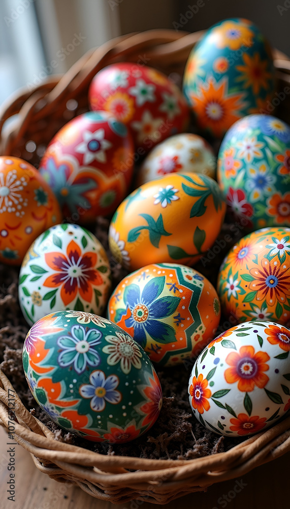 Hand-painted Easter eggs with vibrant floral designs in a woven basket, celebrating artistry and tradition, copy space Hand-painted Easter eggs with vibrant floral designs in a woven basket, celebrating artistry and tradition, copy space