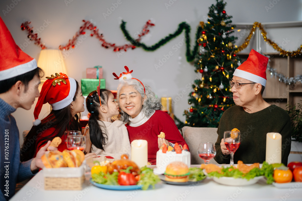 Joyful Asian family gathered for a Christmas feast, exchanging gifts, and celebrating the holiday season with love Joyful Asian family gathered for a Christmas feast, exchanging gifts, and celebrating the holiday season with love