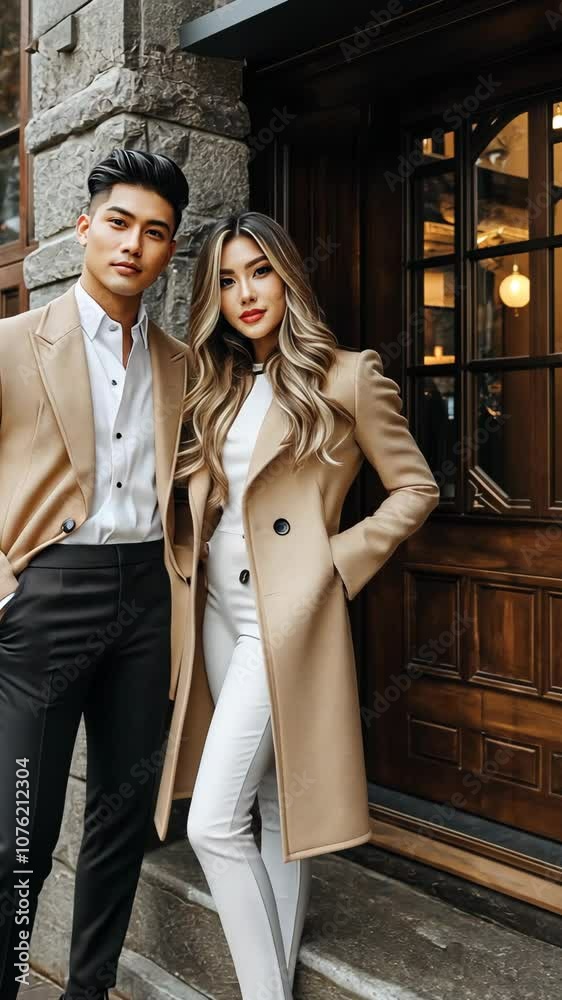 A couple poses in front of a building, both wearing beige coats A couple poses in front of a building, both wearing beige coats