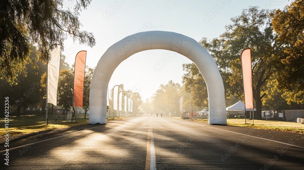 Fototapeta premium Sunrise Over a Scenic Outdoor Event with an Inflatable Archway and Lush Greenery Illuminated by Soft Morning Light
