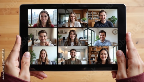 Remote team virtual meeting on tablet held by hands