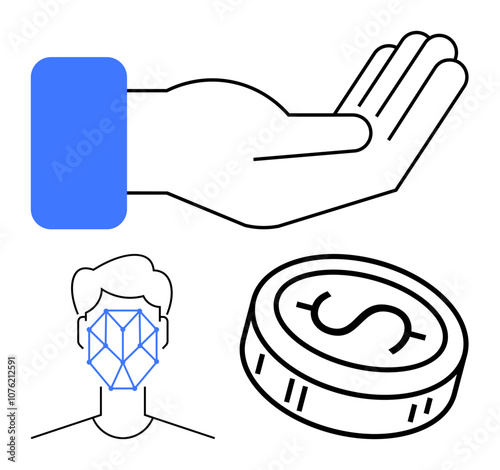 Hand open for giving or receiving, facial recognition grid on a head, and a dollar coin. Ideal for finance, biometrics, digital identity, payments, charity technology privacy themes. Line metaphor