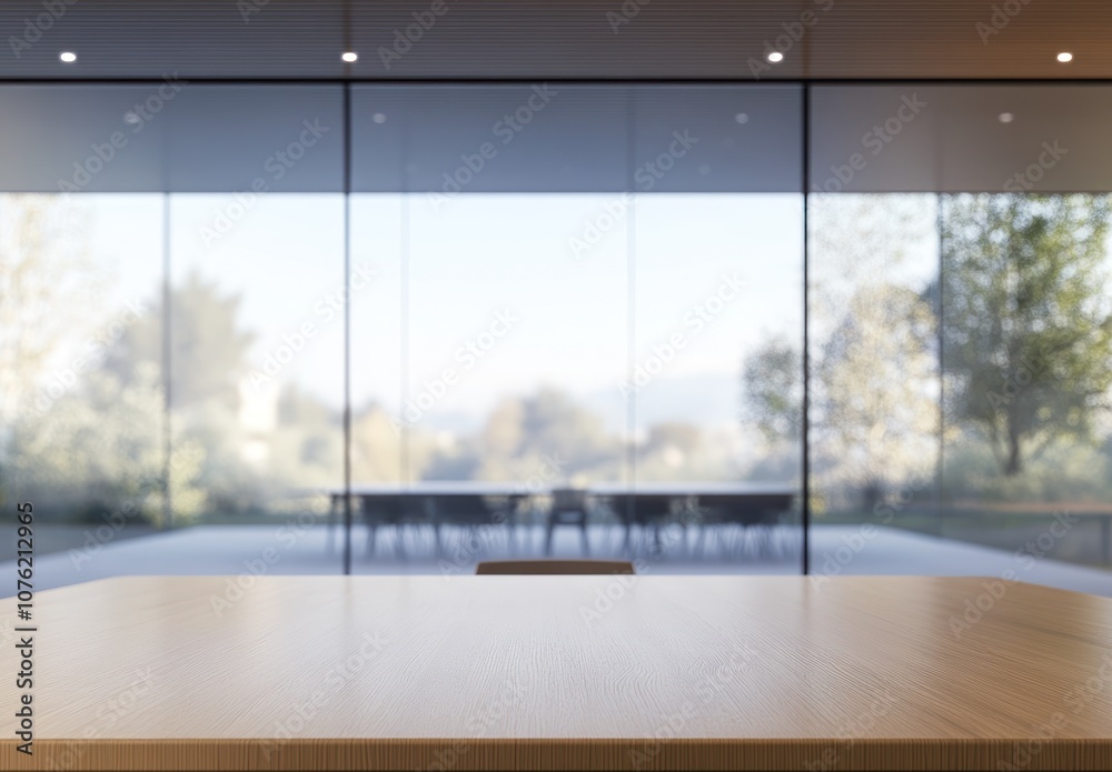 Fototapeta premium Wooden Tabletop with Blurred View of an Outdoor Patio Through Large Windows