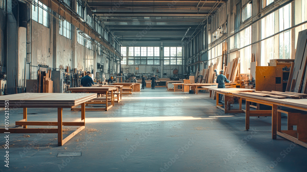 Spacious carpentry workshop with multiple workbenches and natural light, where skilled workers craft wooden panels into various shapes