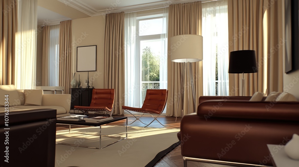 Fototapeta premium Modern and Elegant Living Room with Warm Tones and Natural Light, Featuring Stylish Furniture, Soft Textiles, and Inviting Atmosphere for Comfortable Living