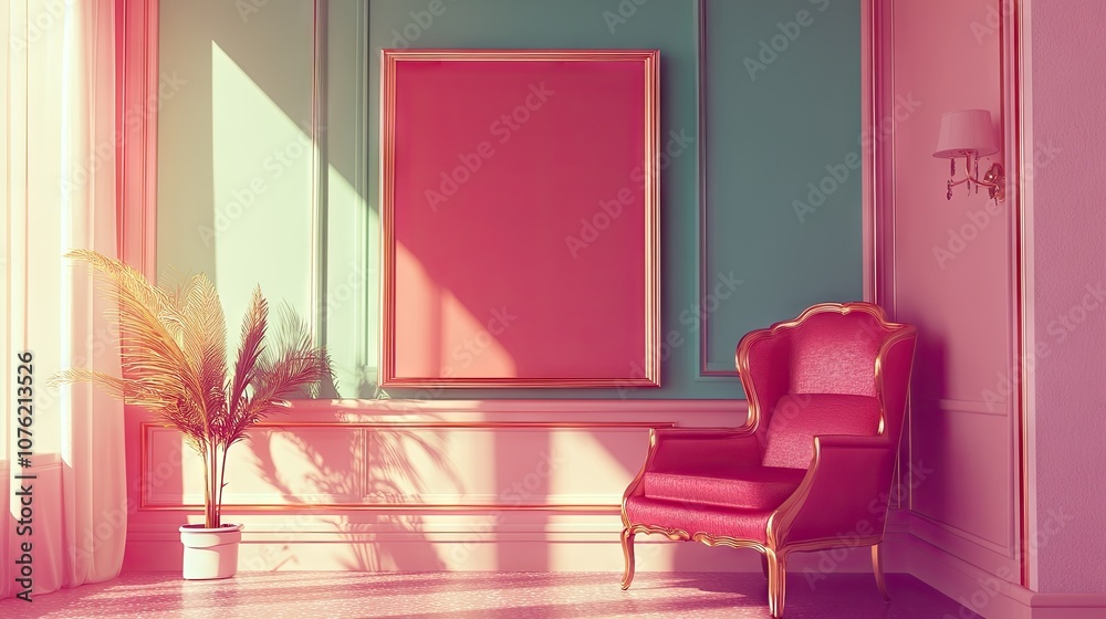 custom made wallpaper toronto digitalElegant Living Space Featuring Pink and Green Walls with a Vintage Chair and Decor, Ideal for Interior Design and Home Aesthetic Photography