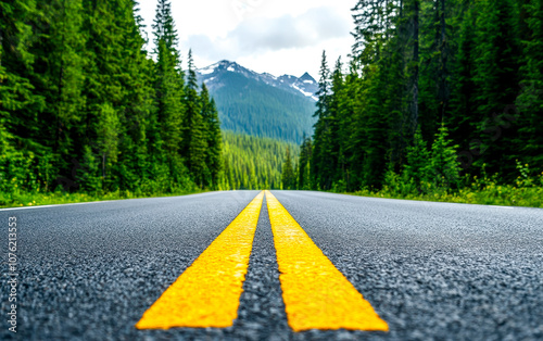 A scenic road lined with tall trees, leading into the mountains, showcasing vibrant greenery and a clear sky.