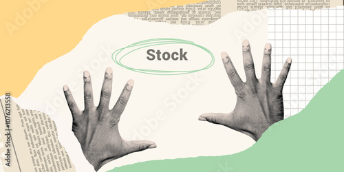 Contemporary Halftone Collage Hand for investments concept, marketing, trading. Online Stock banner with finance elements, coins, money. Vertical invest or business poster. Vector illustration.